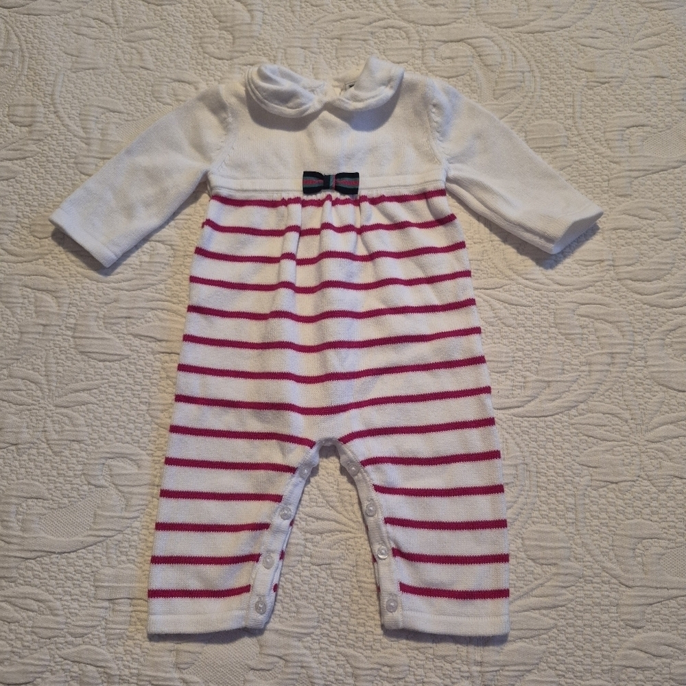 Janie and Jack girls size 0-3 months knit romper white pink stripes VVGUC
